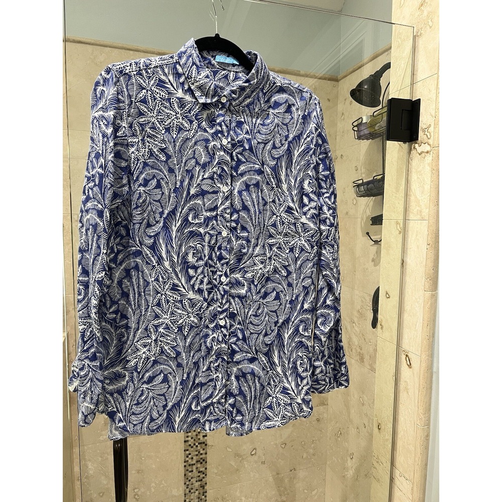 J McLaughlin Womens Linen Button Down Shirt Blue Medium Floral Beachy Print